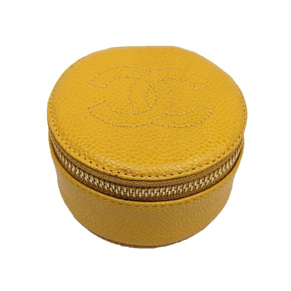 CHANEL Handbags - SOLD Chanel Yellow Leather Round Jewelry Case